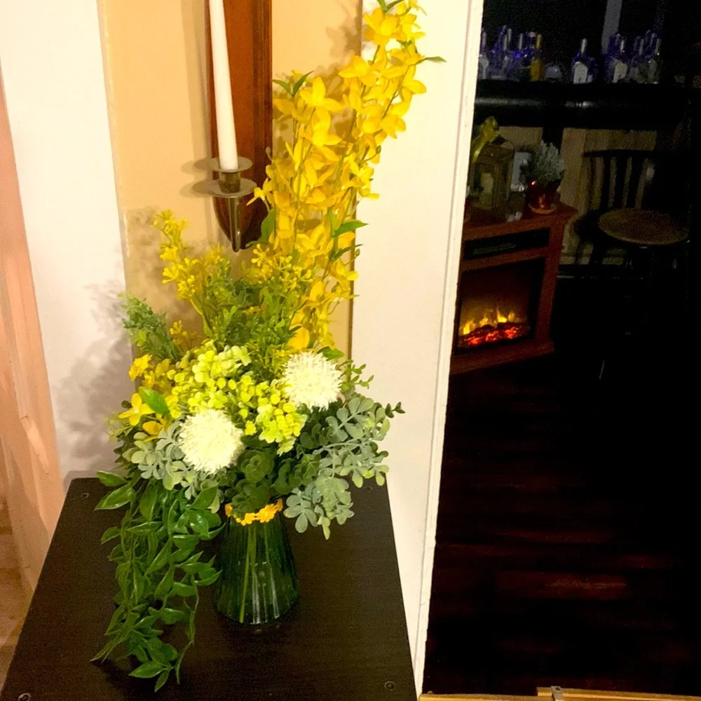 Hand Crafted- spring faux floral arrangement with accent vase